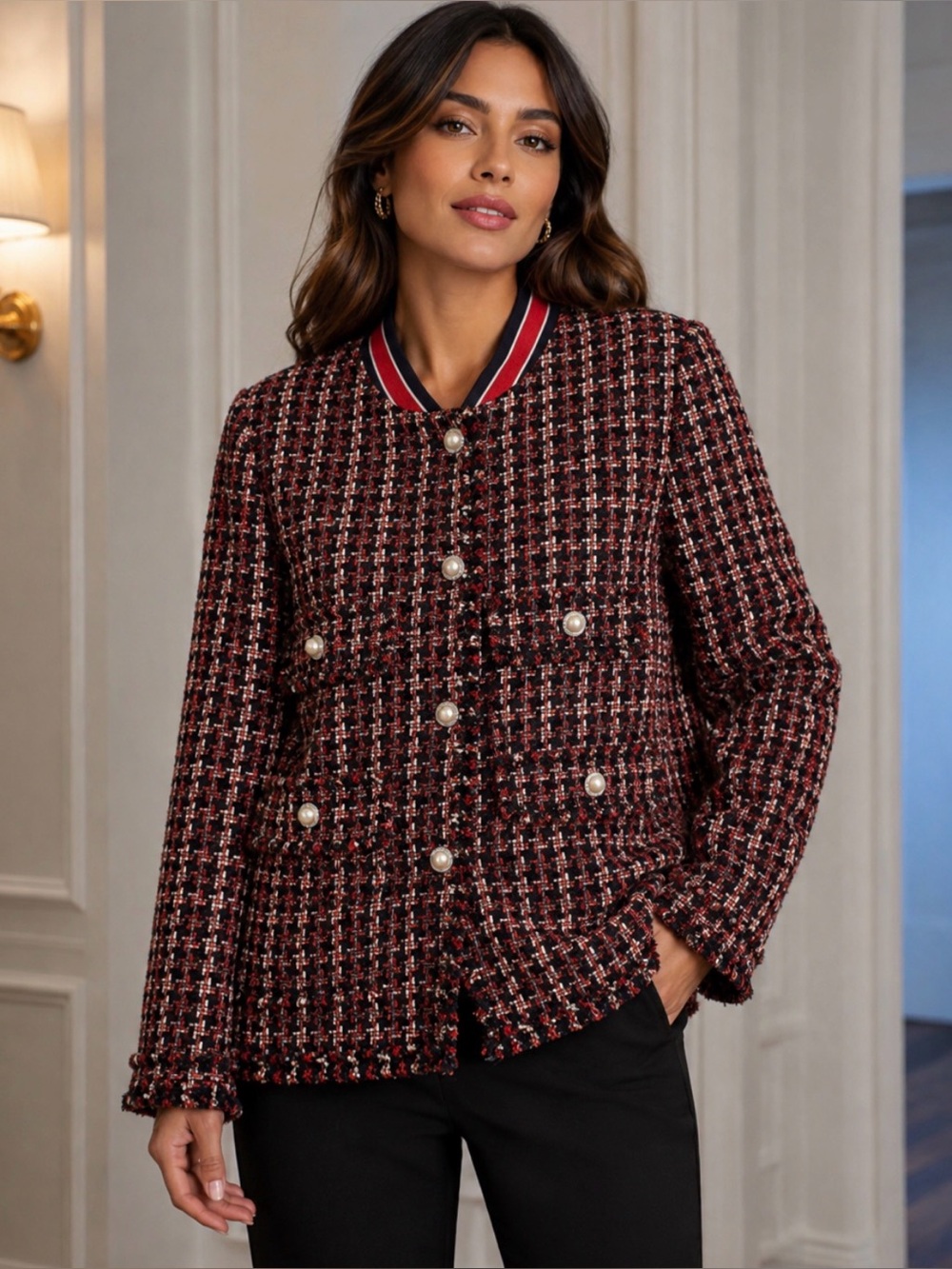 Zara Navy Blue & Red Tweed Pearl-Button Blazer NWOT